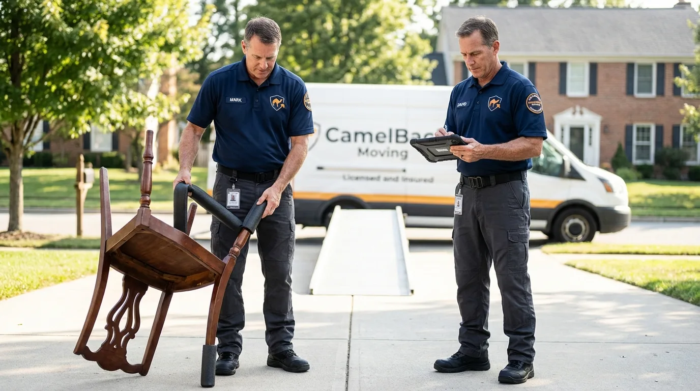 Movers inspecting furniture for damage prevention before loading in Sherwood, WI