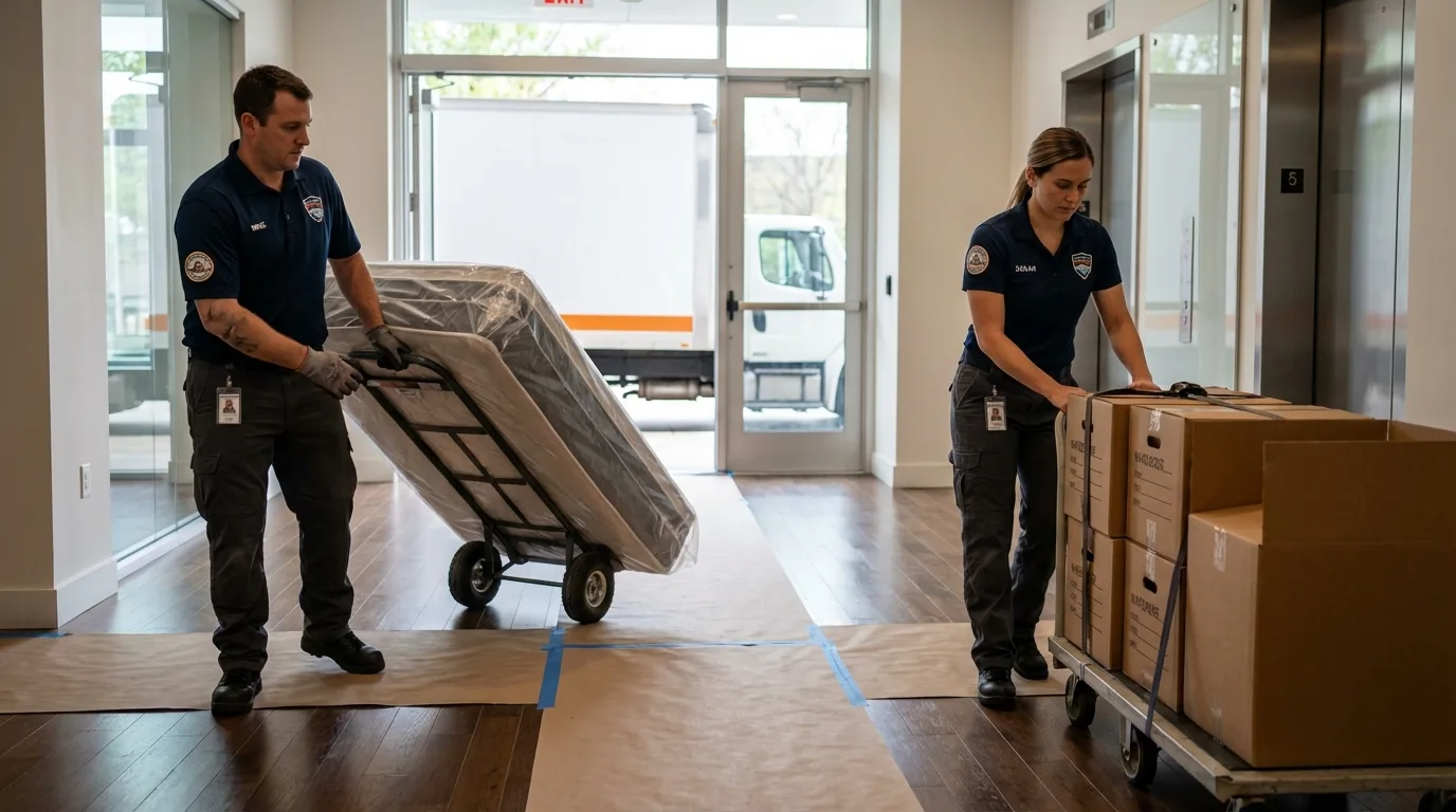 Professional apartment movers loading elevator in Sherwood, WI