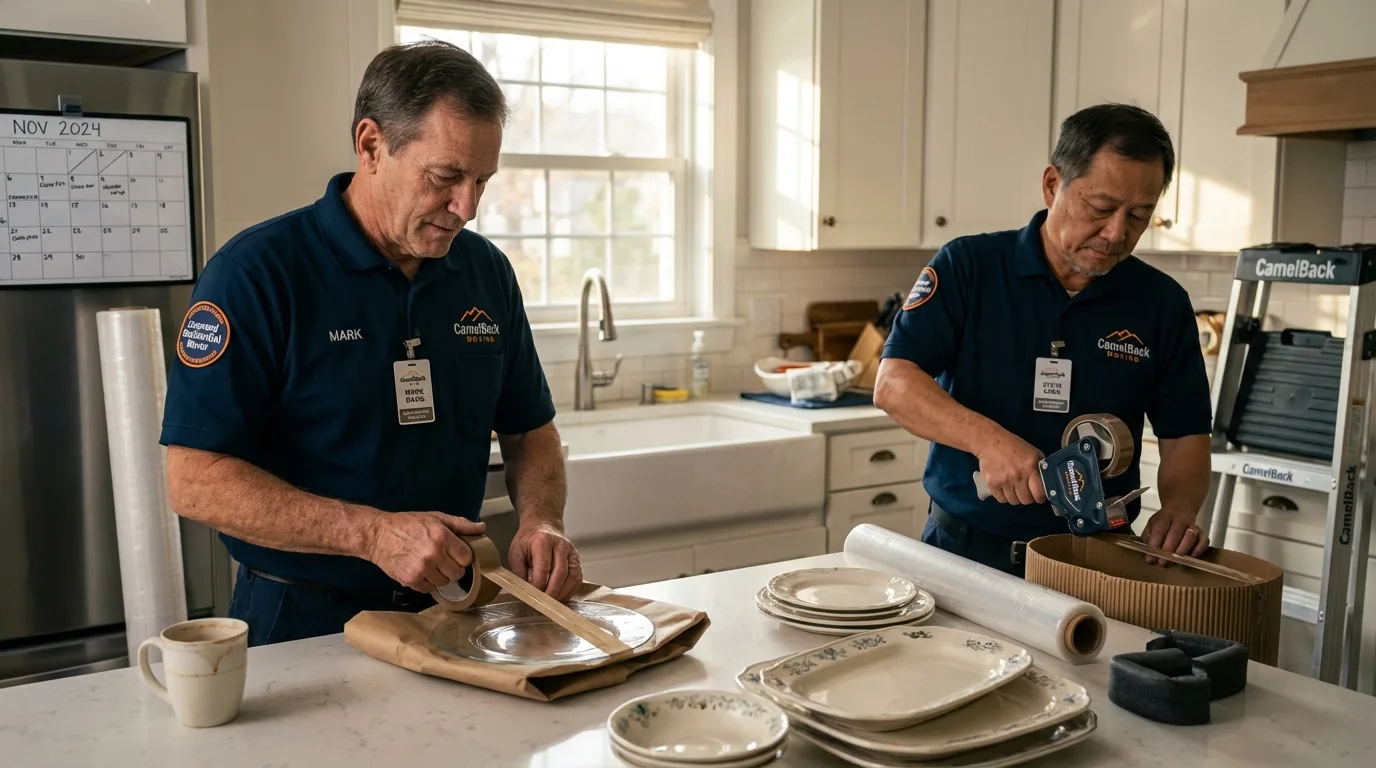 Professional crew packing kitchen dishware in Sherwood, WI